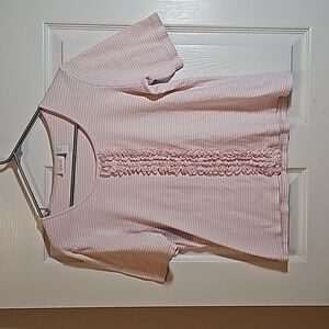 Vintage 90s Chico's Pink and White Striped Ruffle Front Tee Size 8 Chicos Size 2